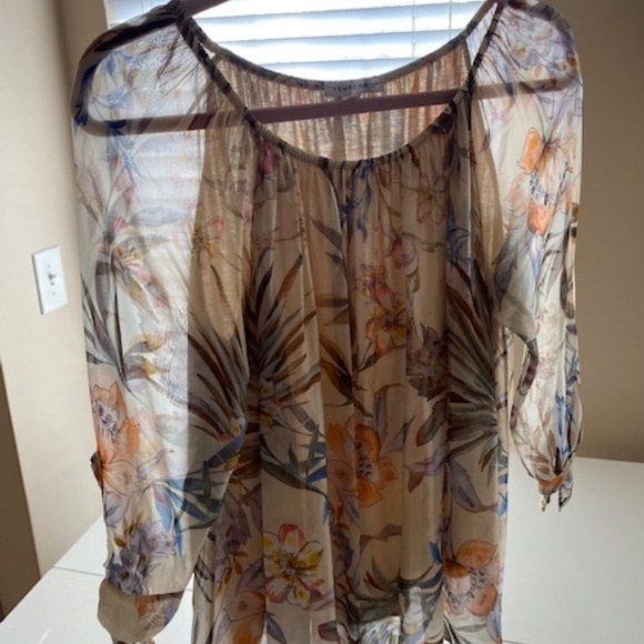 Tempo Paris Floral Italian Silk Blouse Sheer Overlay Boat Neck 3/4 Sleeve Size M - Picture 7 of 13